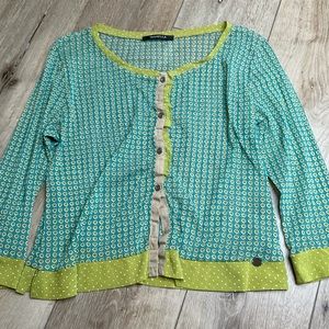 JJ Garella sheer button down blouse, blue & green